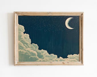 Sternenhimmel Poster | Sichel Mond Wolke | Verträumte Nachthimmel Landschaft | Minimale Himmelsnacht | Mond und Sterne |Skandinavischer Nachthimmel