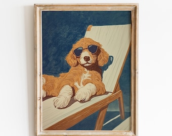 May include: Framed art print of a relaxed dog wearing sunglasses, lounging on a wooden beach chair. The dog has brown and white fur, and the background is a deep blue. The artwork is in a vintage style.