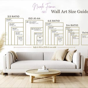May include: A wall art size guide with various rectangular dimensions in inches and centimeters. The guide includes ratios like 2:3, 4:5, and 3:4, with sizes such as 24x36 inches (61x91 cm) and 11x14 inches (28x36 cm). The text "Nicole Femin ART" is at the top.