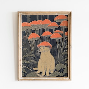 Cat With Mushroom Hat | Whimsical Cat Art | Fantasy Forest Art | Vintage Cat Mushroom | Cat Decor | Retro Cat Artwork | Woodland Cat Poster