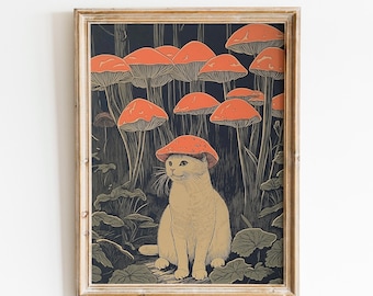 Cat With Mushroom Hat | Whimsical Cat Art | Fantasy Forest Art | Vintage Cat Mushroom | Cat Decor | Retro Cat Artwork | Woodland Cat Poster