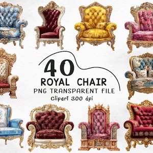 May include: A selection of 40 royal chair PNG transparent file clipart images. The chairs are in various colours, including blue, red, yellow, and pink, with ornate gold frames and detailed upholstery. The text "40 ROYAL CHAIR PNG TRANSPARENT FILE Clipart 300 dpi" is also included.