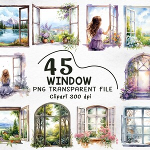 Può includere: Illustrazioni ad acquerello di finestre aperte con viste panoramiche. Le immagini includono paesaggi con montagne, laghi e giardini. Un'immagine mostra una persona che guarda fuori da una finestra. Il testo recita "45 WINDOW PNG TRANSPARENT FILE Clipart 300 dpi."
