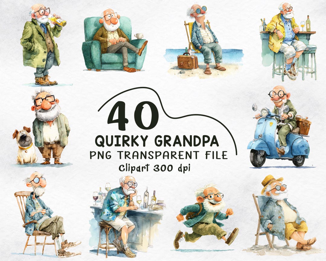 Quirky Grandpa PNG Bundle, Watercolor Funny Old Man Clipart ...