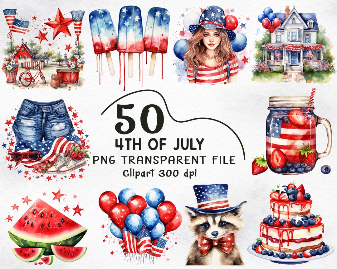 Watercolor 4th of July Clipart Bundle, Patriotic USA Flag PNG Decal ...