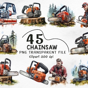 Könnte beinhalten: Eine Sammlung von Aquarellillustrationen mit verschiedenen orangefarbenen und roten Kettensägen, einige auf Baumstümpfen oder in Waldlandschaften, sowie zwei Personen bei der Arbeit mit Kettensägen, mit dem Text 45 CHAINSAW PNG TRANSPARENT FILE Clipart 300 dpi.