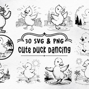 Könnte beinhalten: Eine Sammlung von Schwarz-Weiß-Illustrationen mit tanzenden Enten in verschiedenen Umgebungen. Die Designs umfassen Enten mit Sonnenbrillen, vor Stadtlandschaften und in der Nähe tropischer Szenen. Der Text lautet "30 SVG & PNG cute duck dancing."