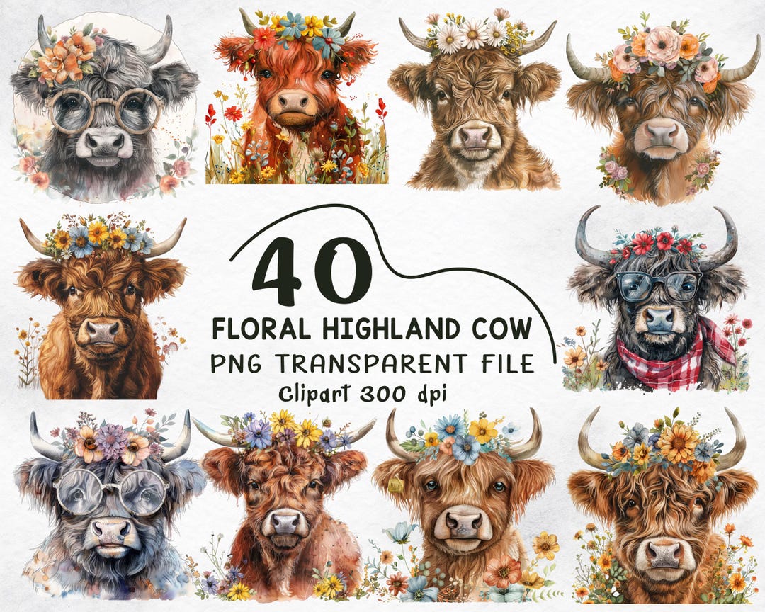 Floral Highland Cow PNG Bundle, Watercolor Cow With Flowers Clipart ...