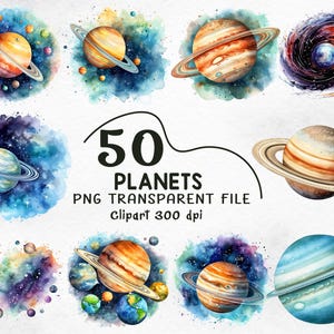 Op de afbeelding: Een digitale collectie van 50 planeetillustraties in aquarel-stijl met diverse hemellichamen met ringen, wervelende gaspatronen en levendige nevelachtergronden. De tekst 50 PLANETS PNG TRANSPARENT FILE Clipart 300 dpi staat in het midden.