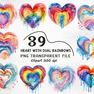Op de afbeelding: Waterverfillustraties van harten met dubbele regenbogen in verschillende kleuren. De afbeelding bevat de tekst "39 HEART WITH DUAL RAINBOWS PNG TRANSPARENT FILE clipart 300 dpi". De harten hebben een aquareleffect met druppels.