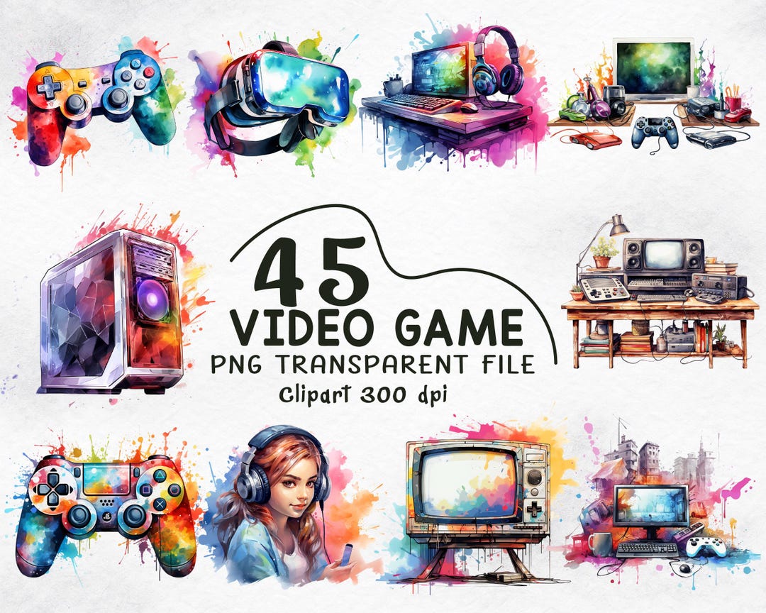 Video Game PNG Bundle, Watercolor Gamer Clipart, Gaming Controller ...