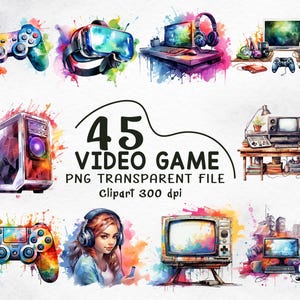 以下が含まれることがあります： コントローラー、VRヘッドセット、コンピューター、ヘッドフォン、レトロテレビなど、ビデオゲーム要素の水彩イラスト。画像には「45 VIDEO GAME PNG TRANSPARENT FILE Clipart 300 dpi」というテキストが含まれています。