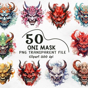 Può includere: Una collezione digitale di 50 illustrazioni di maschere Oni in vari colori e stili, con corna, zanne e tratti del viso espressivi. Il testo 50 ONI MASK PNG TRANSPARENT FILE Clipart 300 dpi è centrato tra i disegni grafici.