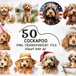 Puede incluir: Una colección digital de 50 archivos PNG transparentes de Cockapoo con ilustraciones en acuarela de perros en diversos entornos, incluyendo con gorros de fiesta, gorros de invierno, coronas de flores y gorros de Santa, con el texto 50 COCKAPOO PNG TRANSPARENT FILE.