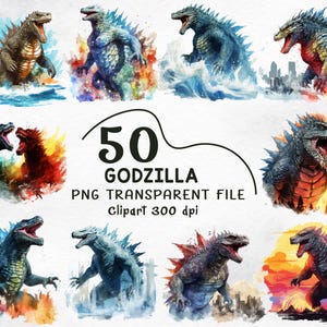 Puede incluir: Una colección de 50 imágenes prediseñadas de archivos PNG transparentes de Godzilla. Las imágenes presentan a Godzilla en varias poses, con vibrantes efectos de acuarela y paisajes urbanos de fondo. También se incluye el texto "50 GODZILLA PNG TRANSPARENT FILE Clipart 300 dpi".