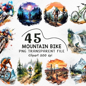 Può includere: Illustrazioni ad acquerello di mountain biker in azione, ambientate in paesaggi panoramici. Le immagini mostrano ciclisti su sentieri, vicino a cascate e davanti a tramonti. Il testo recita: "45 MOUNTAIN BIKE PNG TRANSPARENT FILE Clipart 300 dpi."