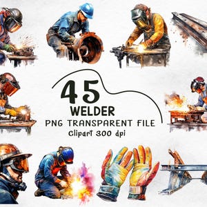 Svetsare Clipart PNG-paket: Svetsning, Metallarbete, Industri, Stål, Arbetare, Verkstad, Akvarell Illustration, Transparent Bakgrund