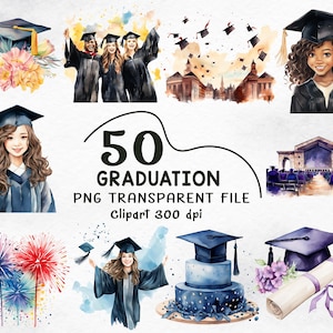 May include: A set of watercolour graduation-themed clip art. The images include mortarboards, students in gowns, a graduation cake, diplomas, and fireworks. Text reads "50 GRADUATION PNG TRANSPARENT FILE Clipart 300 dpi."