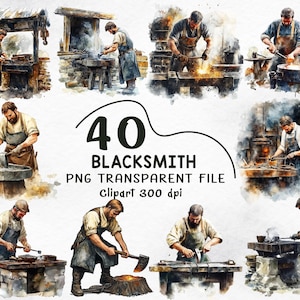 Puede incluir: Ilustraciones en acuarela de herreros en el trabajo. Las imágenes muestran varias escenas de herreros forjando metal, utilizando yunques, martillos y otras herramientas. También se incluye el texto "40 BLACKSMITH PNG TRANSPARENT FILE Clipart 300 dpi".