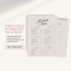 Könnte beinhalten: Ein druckbarer Workout-Tracker mit beigem Hintergrund. Der Text "Movement Menu" steht oben. Der Tracker enthält Abschnitte für Shareables, Hausspezialitäten, Snacks und Self-Care-Specials. Der Text "Get Your Copy" steht in einer braunen Box.
