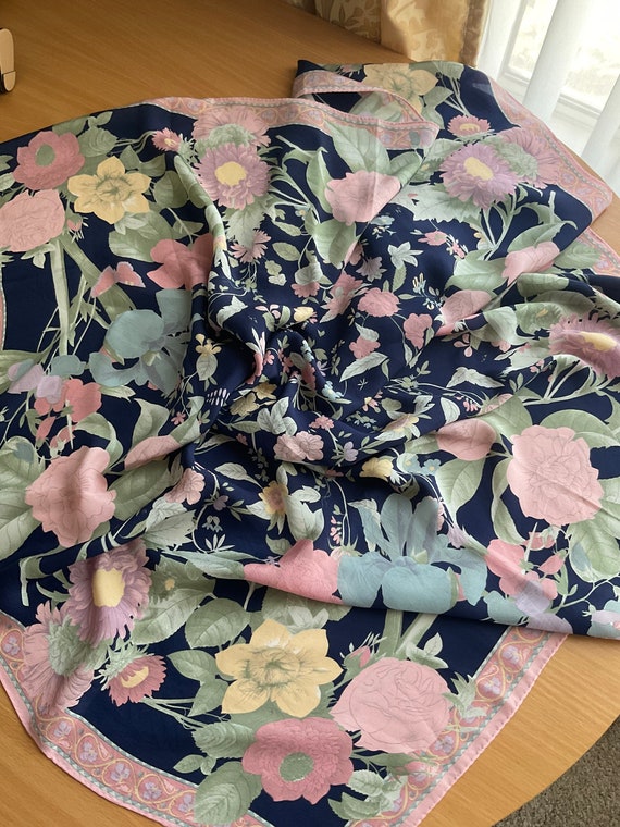 Vintage Silk Scarf Floral Women Hand rolled