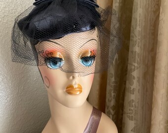 Vintage Pillbox Hat with veil Women Gray