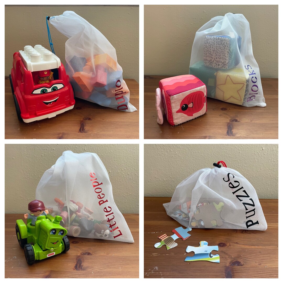 Personalized White Mesh Toy Organizer Drawstring Bags Set of 4 1 Lg, 2