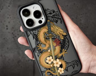 Katana Dragon iPhone 16 Pro Max Hülle, Japanisches Schwert Phone Cover für iPhone 15 mit MagSafe, Samurai iPhone Custom Case Samsung S24 FE S25