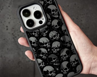 Black Skulls iPhone 17 Pro Max Case, Gothic Skull Pattern Cover for iPhone 16 with MagSafe, Dark Horror iPhone Case Samsung S24 FE S25 Pixel