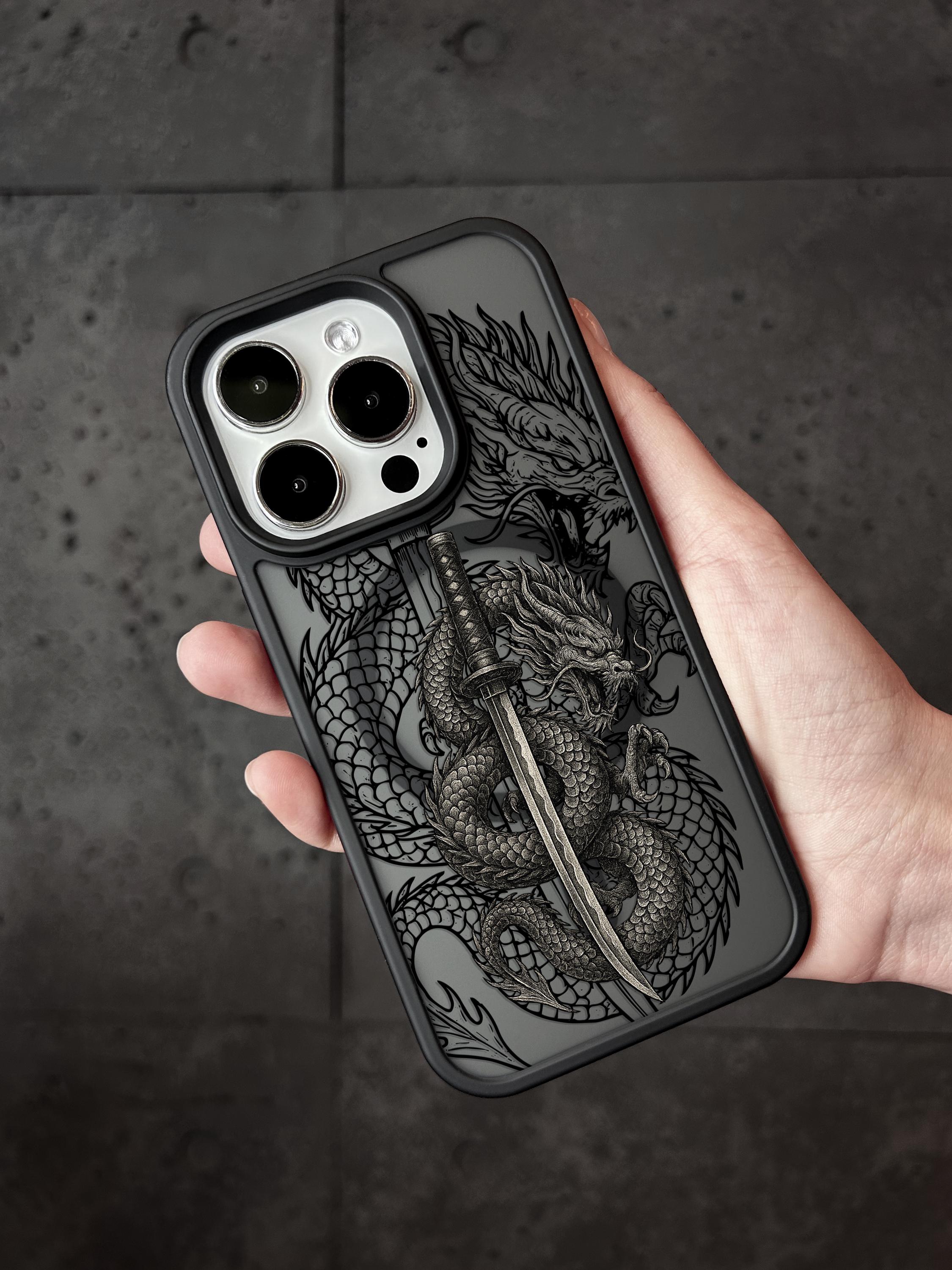 Black Dragon iPhone 16 Pro Max Hülle, Katana Sword Handyhülle für iPhone 15 mit MagSafe, japanischer Mythos iPhone 16 Pro Max Hülle Samsung S24 FE S25