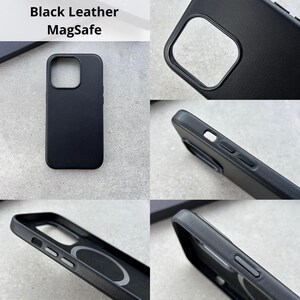 a series of photos showing different angles of a black leather case