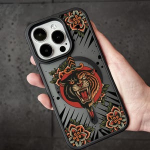 Tattoo Tiger iPhone 17 Pro Max Case, Traditional Style Panther Phone Cover for iPhone 16 with MagSafe Samsung S24 FE S25 Ultra Pixel
