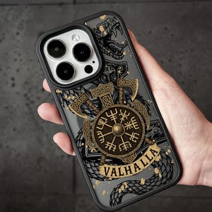 Valhalla Runes Viking Shield iPhone 16 Pro Max Case, Norse Warrior Cover for iPhone 15 MagSafe Samsung S24 FE S25 Nordic Phone Case