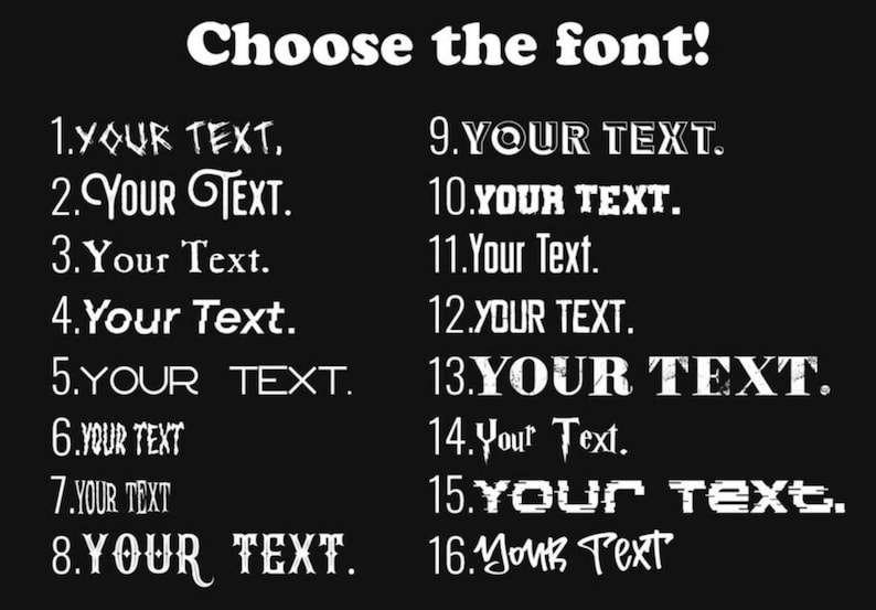 a selection of font options for customizing text, with each option ranging from 1 to 16 characters. The text is presented in a black and white style, and the font options are listed in a clear and organized manner.