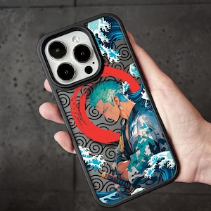 May include: Black phone case featuring a colorful illustration of a character with teal hair, a red circle, and blue waves. The case has a black border and a cutout for the phone's camera.