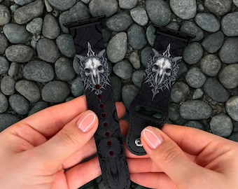 Horned Skull Gothic Apple Watch Series 11 Band 40 41 42 mm, Dark Goat Head Vegan Leather iWatch Strap 44mm 46mm 49mm Occult Art Watch Band