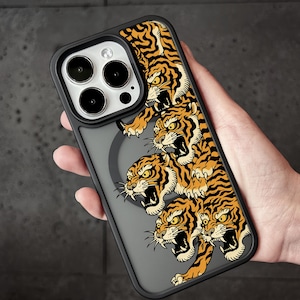 Savage Tigers iPhone Case, Wild Jungle MagSafe Phone Cover for iPhone 17 16 15 Pro Max, Fierce Orange Animal Art Samsung S24 S25 Ultra Pixel