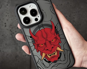 Red Demon Mask iPhone Case, Oni MagSafe Phone Cover for iPhone 17 16 15 Pro Max, Samurai Demon Design Samsung S24 FE S25 Ultra Pixel