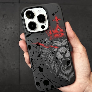 Lion Crown iPhone Case, King MagSafe Phone Cover for iPhone 17 16 15 Pro Max, Royal Beast Design Samsung S24 FE S25 Ultra Pixel