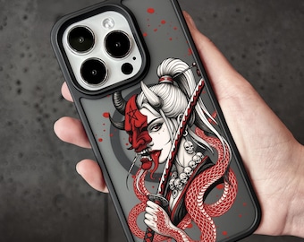 Oni Samurai iPhone 17 Pro Max-hoesje, Japanse Katana Art-hoes voor iPhone 16 Samsung S25 S26 Ultra Pixel