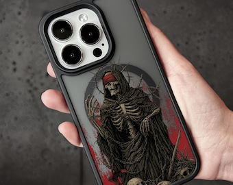 Death Reaper iPhone Case, Dark Skeleton MagSafe Phone Cover for iPhone 17 16 15 Pro Max, Gothic Skull Design Samsung S24 FE S25 Ultra Pixel