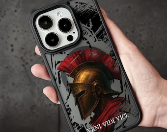 Roman Spartan Helmet iPhone 17 Pro Max Case, Veni Vidi Vici Art Cover for iPhone 16 with MagSafe Samsung S25 FE S26 Ultra Pixel