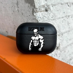 Funda para AirPods con calavera y disciplina, funda de cuero ecológico para AirPods Pro con motivación para el gimnasio, funda para AirPods con esqueleto muscular para entrenamiento, compatible con AirPods 2, 3, 4 Pro/Pro 2