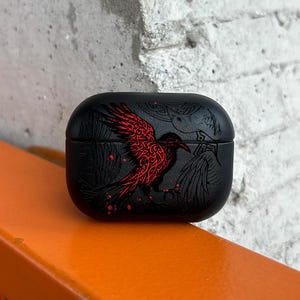 Nordic Raven AirPods Case, Red Bird Tattoo Art AirPods Pro Eco Leather, Gothic Raven AirPods Cover for AirPods 2 3 4 Pro/Pro 2
