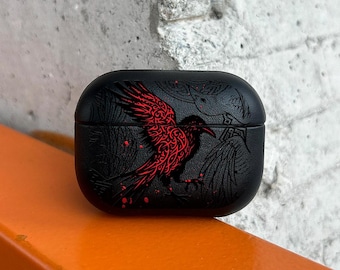 Nordic Raven AirPods Case, Red Bird Tattoo Art AirPods Pro Eco Leather, Gothic Raven AirPods Cover for AirPods 2 3 4 Pro/Pro 2