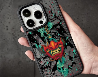 Samurai Maske iPhone 16 Pro Max Hülle, Katana Dämon Krieger Abdeckung für iPhone 15 mit MagSafe, japanische Oni Handyhülle Samsung S24 FE S25