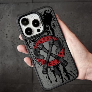 Viking Axes iPhone 16 pro max Case, Nordic Runes Phone Cover for iPhone 15 with MagSafe, Norse Warrior iPhone Custom Case Samsung S24 FE S25