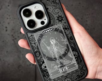 Death Tarot iPhone Case, Gothic MagSafe Phone Cover for iPhone 18 17 16 Pro Max, Occult Skeleton Design Samsung S25 FE S26 Ultra Pixel