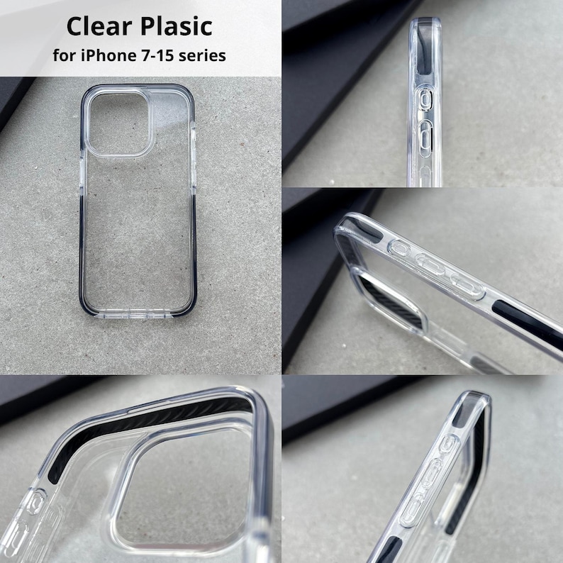 four photos of a clear plastic case for an iphone