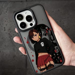 Dark Anime Girl iPhone Case, Gothic MagSafe Phone Cover for iPhone 16 15 14 Pro Max, Skull Manga Design Samsung S24 FE S25 Ultra Pixel